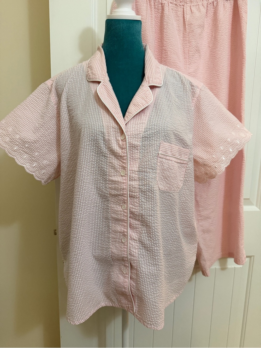 Miss Elaine Pink Striped Seersucker Cropped Pajama Set Sz XL